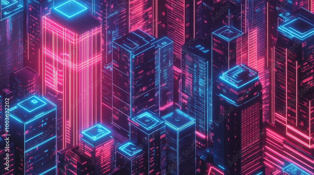 Poster repetitive layout of synthwave-inspired skyscrapers with a retro-futuristic design, creating a patte