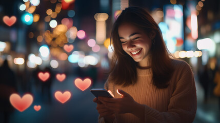 Obraz premium Happy Women Using Smartphones with Heart Icons 