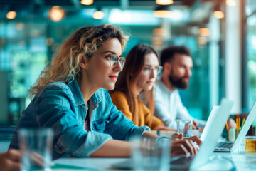 Professionals focusing on their devices, engaged in collaborative work.