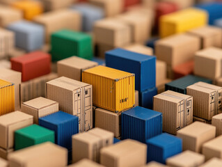 Colorful shipping containers, detailed aerial view on white isolate background.