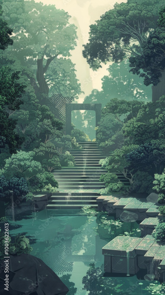 Poster repetitive lofi scene with a tranquil pattern.