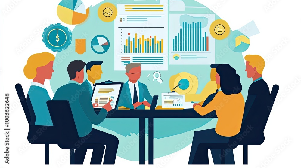 Poster business professionals collaborating around a table with data charts