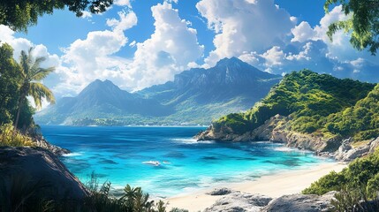 Obraz premium A beautiful beach scene with turquoise waters, mountainous backdrop, and a tranquil coastal ambiance. 