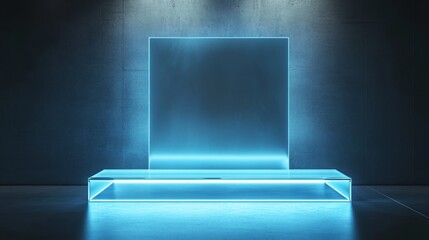 Sleek glass podium with backlighting, creating a dramatic effect for showcasing tech gadgets or modern decor