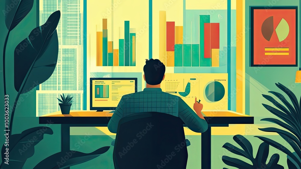 Poster man working at a desk with charts and graphs in a modern office