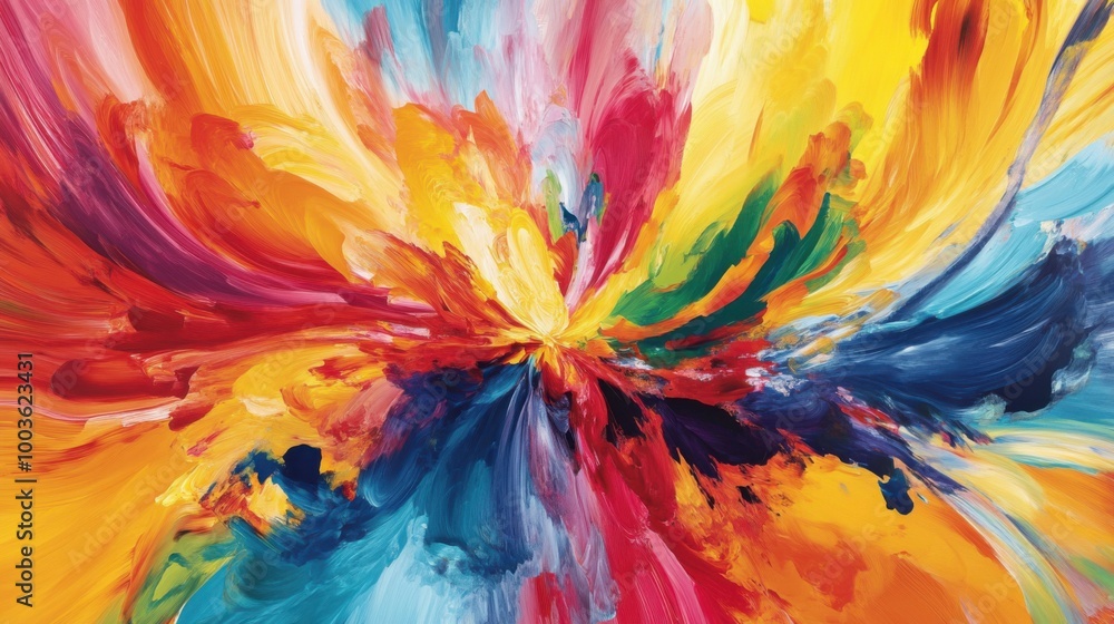 Poster an abstract, bright color explosion with dynamic movement and swirling patterns