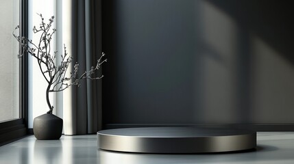 Obraz premium Sleek metallic podium with a brushed finish and minimalist design, perfect for showcasing tech gadgets or contemporary decor