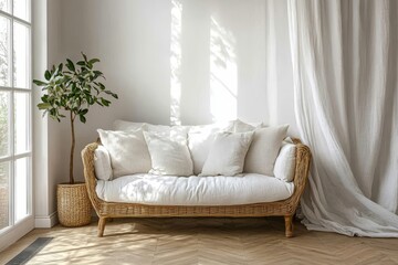 White sofa on wooden parquet. Minimalist, scandinavian home interior design of modern living room, Generative AI