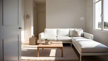 A cozy modern living room with a sleek white sofa and a wooden coffee table
