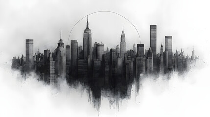 Black Ink Drawing of City Skylines Forming a Circle on White Background
