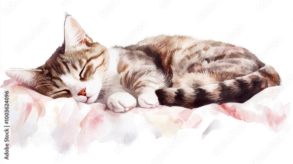 Poster a cozy tabby cat peacefully sleeping on a soft bedspread against a white backdrop in a serene indoor