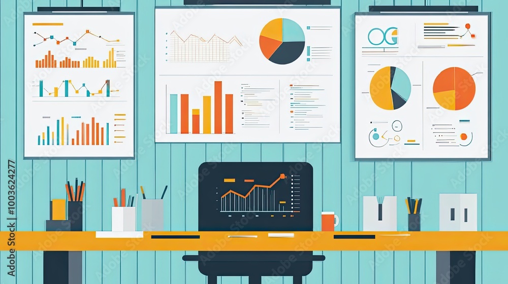 Poster a workplace with a desk and various data charts and graphs