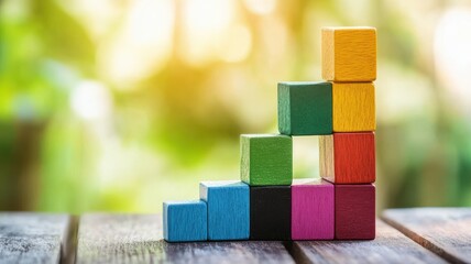 Colorful building blocks arranged in ascending order on a wooden surface.