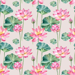 Fototapeta premium Lotus flower seamless pattern. An illustration of a pink water lily hand painted. Hand drawn floral elements for repeatable vintage japanese background. Retro style.