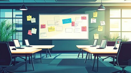 Modern Office Interior with Two Desks, Whiteboard, and Sticky Notes