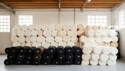 Rolls of Fabric in a White Warehouse