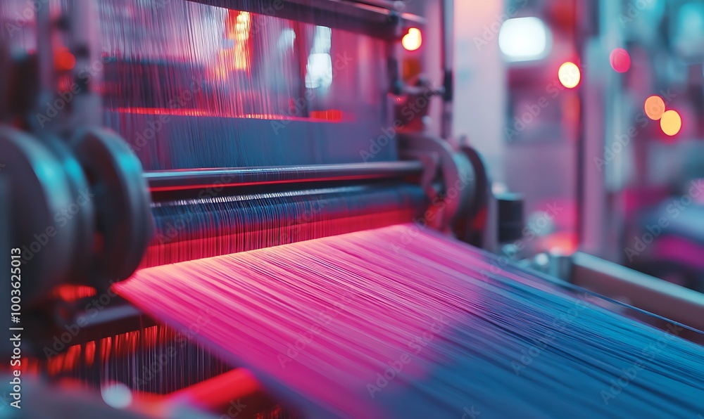 Poster close-up view of a weaving machine with pink and blue threads