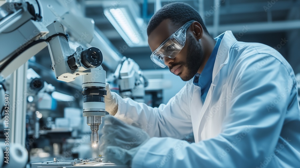 Poster a scientist in a lab coat examines samples with a microscope in a high-tech laboratory setting durin