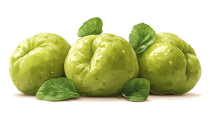 Three fresh green fruits with leaves, perfect for healthy recipes, appetizers, and vibrant food presentations.