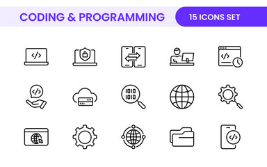 Programming coding set of web icons in line style. Software development icons for web and mobile app. Code, api, programmer, developer, information technology, coder and more.
