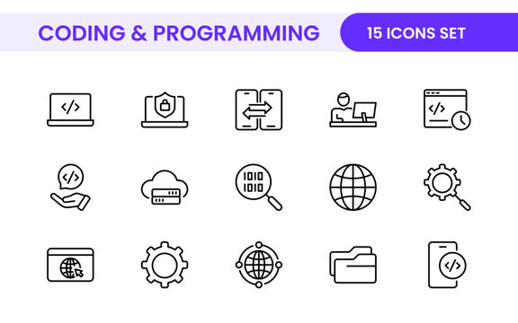 Programming coding set of web icons in line style. Software development icons for web and mobile app. Code, api, programmer, developer, information technology, coder and more.