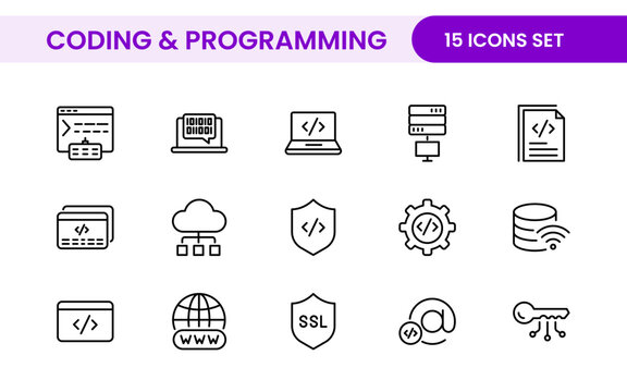 Programming coding set of web icons in line style. Software development icons for web and mobile app. Code, api, programmer, developer, information technology, coder and more.
