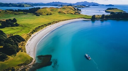 Obraz premium Aerial view of boat on turquoise beach in New Zealand with clear blue water