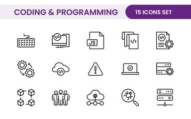 Programming coding set of web icons in line style. Software development icons for web and mobile app. Code, api, programmer, developer, information technology, coder and more.