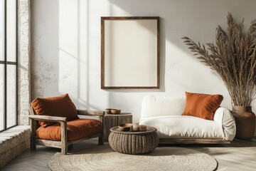 Naklejka premium Terra cotta rustic armchair and sofa near wall with frame. Scandinavian interior design of modern living room, Generative AI