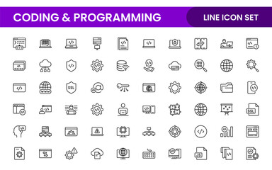 Programming coding set of web icons in line style. Software development icons for web and mobile app. Code, api, programmer, developer, information technology, coder and more.