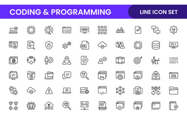Programming coding set of web icons in line style. Software development icons for web and mobile app. Code, api, programmer, developer, information technology, coder and more.