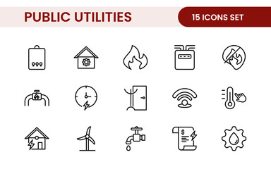 Public utilities linear signed icon collection. Signed thin line icons collection. Set of public utilities simple outline icons.