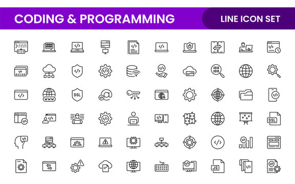 Programming coding set of web icons in line style. Software development icons for web and mobile app. Code, api, programmer, developer, information technology, coder and more.