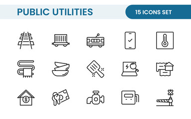 Public utilities linear signed icon collection. Signed thin line icons collection. Set of public utilities simple outline icons.