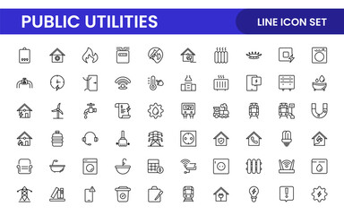 Public utilities linear signed icon collection. Signed thin line icons collection. Set of public utilities simple outline icons.