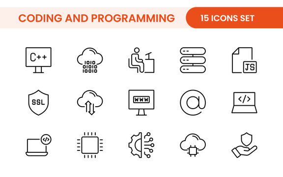 Programming coding set of web icons in line style. Software development icons for web and mobile app. Code, api, programmer, developer, information technology, coder and more.