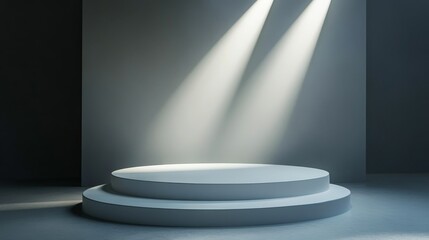 Softly illuminated white round podium with delicate shadows, enhancing the elegance of the product presentation space