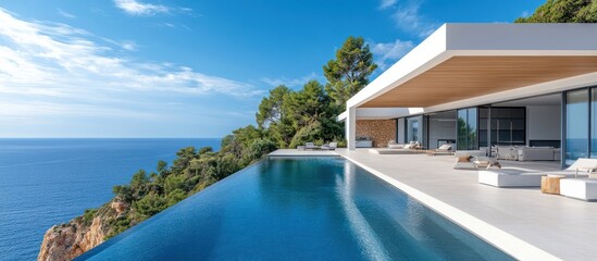 Modern villa with infinity pool overlooking the sea.