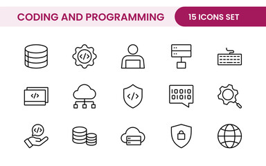 Programming coding set of web icons in line style. Software development icons for web and mobile app. Code, api, programmer, developer, information technology, coder and more.