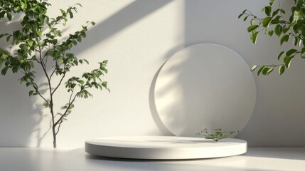 Softly illuminated white round podium with delicate shadow effects, ideal for a refined and elegant product showcase