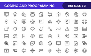 Programming coding set of web icons in line style. Software development icons for web and mobile app. Code, api, programmer, developer, information technology, coder and more.