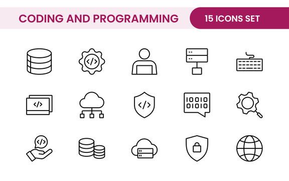 Programming coding set of web icons in line style. Software development icons for web and mobile app. Code, api, programmer, developer, information technology, coder and more.