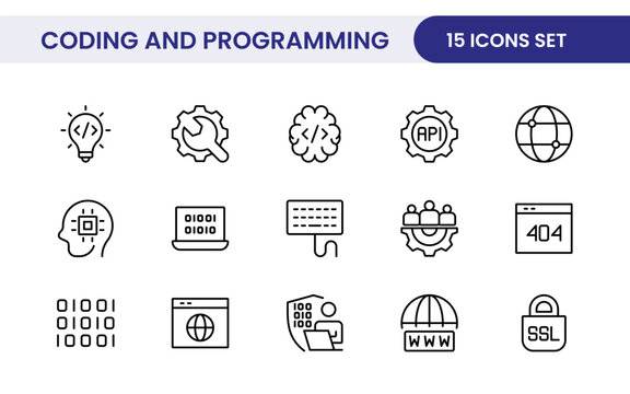 Programming coding set of web icons in line style. Software development icons for web and mobile app. Code, api, programmer, developer, information technology, coder and more.