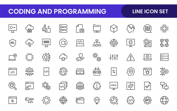 Programming coding set of web icons in line style. Software development icons for web and mobile app. Code, api, programmer, developer, information technology, coder and more.