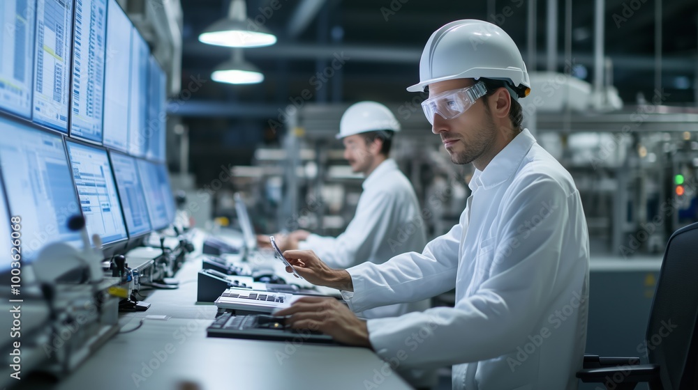 Poster technicians working in a modern control room monitoring industrial processes during daytime operatio