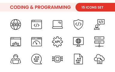 Programming coding set of web icons in line style. Software development icons for web and mobile app. Code, api, programmer, developer, information technology, coder and more.