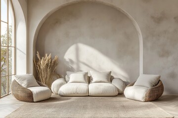 Sofa and armchairs near stucco arch wall. Minimalist, japandi interior design of modern living room, Generative AI