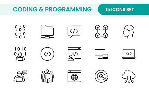 Programming coding set of web icons in line style. Software development icons for web and mobile app. Code, api, programmer, developer, information technology, coder and more.