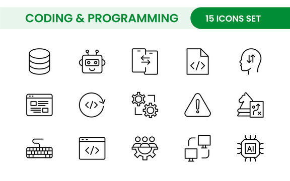 Programming coding set of web icons in line style. Software development icons for web and mobile app. Code, api, programmer, developer, information technology, coder and more.