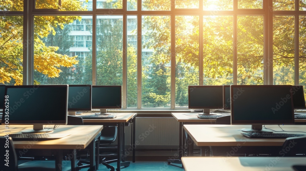 Poster classroom with computers and large windows, leaving space for copy on the walls.